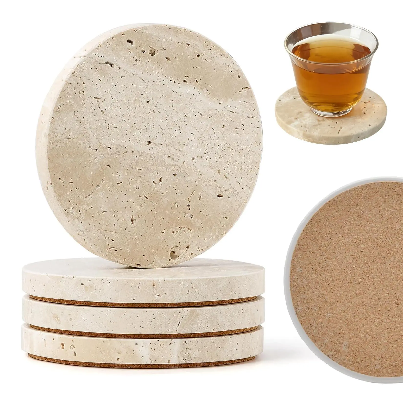 Travertine Marble Coasters Set of 4, Round 4" Stone Drink Coasters | Absorbent & Heat Resistant, Non-Slip Backing, Natural Stone Countertop Protectors, Ideal for Housewarming Wedding Home Bar