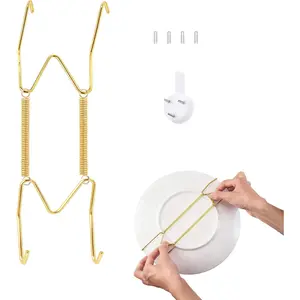 Plate Hangers for Wall, Stainless Steel Invisible Heavy-Duty Wire Plate Holder for 6-8 inch Art Decorative Plates Dishes Platters with Wall Hooks (Gold)