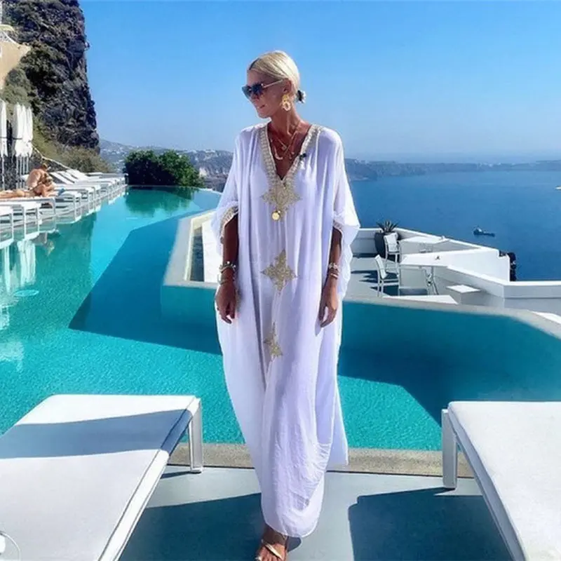 Luxurious Robe for Beach Vacation, Pure for Fresh Atmosphere, Gold Embroidery, Batwing Sleeves, Sun Protection Fashion