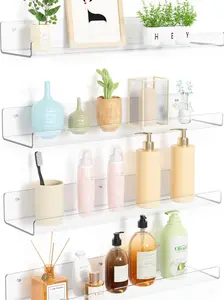 Clear Acrylic Shelves for Storage, 15" Floating Shelves Wall Mounted for Kids Bookshelf/Display Ledge Shelves for Bedroom, Living Room, Bathroom, Kitchen