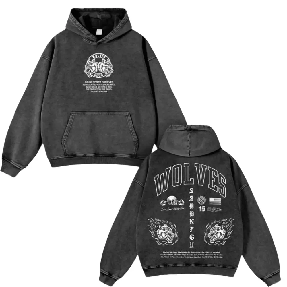Men's Retro Vintage Wolves Club Oversized Washed Cotton Tops - Unisex Long Sleeve Casual T-Shirt & Hoodie, Ideal Gift for Him
