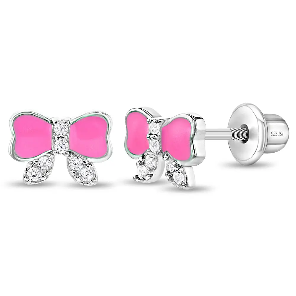 IN SEASON JEWELRY Sterling Silver Blush Pink Bow Enamel Stud Screw-Back Cute Earrings - Sparkling Silver-Colored Cubic Zirconia Earrings for Girls & Toddlers