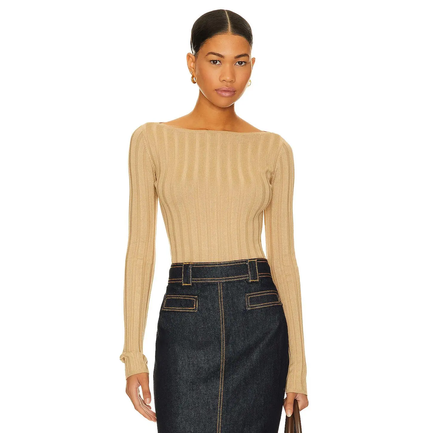L'Academie Kayce Long Sleeve Rib Top in Camel