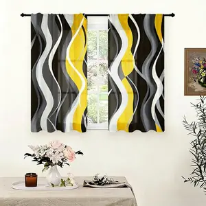 2-piece set of yellow and black wavy printed Window Curtain, hanging in pole pockets, suitable for living rooms, bedrooms, and home decoration, hand washable, hook free