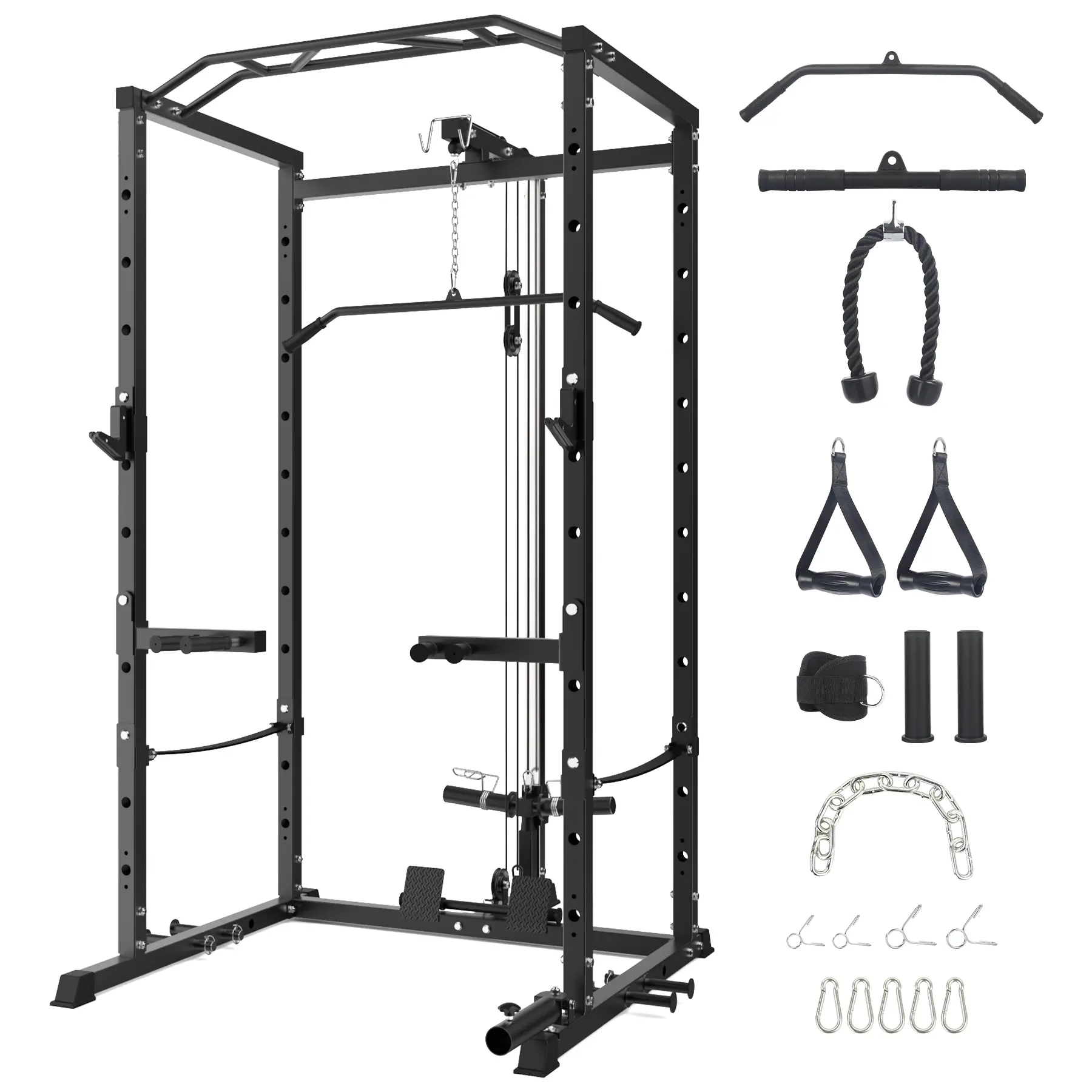 Heavy-Duty 1600LBS Power Cage Squat Rack for Home Gym – Multi-Functional Weight Cage with Cable Pulley System, LAT Pulldown, Dip Bars, Landmine Attachment & J-Hooks for Full-Body Strength Training, Steel Frame, Compact
