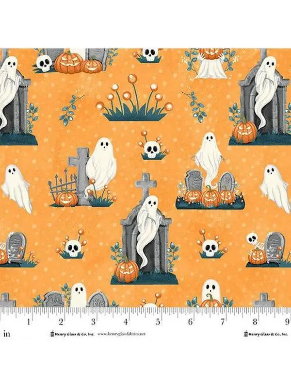 Fabric Henry Glass Glow in the Dark Orange Ghosts Pumpkins and Skulls by the Quarter Yard Q2024G-33