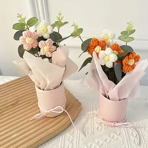Hand-Woven Crochet Flower Bouquet Set - 5 Pastel Pink & White Yarn Blooms with Foliage in Bucket, a Delicate Handmade-Style Gift for Mother's Day, Valentine's & Spring Decor