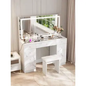 47.2" Large Vanity Desk With LED Lighted Mirror, Modern Makeup Vanity With Power Outlet, 9 Drawers And Soft Stool, 3 Color Light Modes, Brightness Adjustable, Bedroom Vanity Set Gifts For Girls Women, Halloween & Thanksgiving
