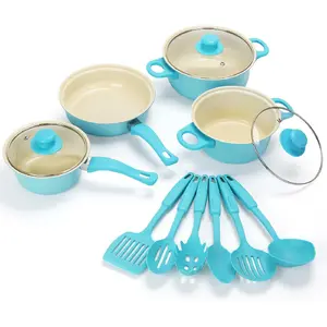 Non-Stick Cookware Set, Portable Lightweight Cast Iron Pots and Pans with Glass Lids and Nylon Utensils - 13 Piece Set, Outdoor Camping Picnic Travel(Blue)