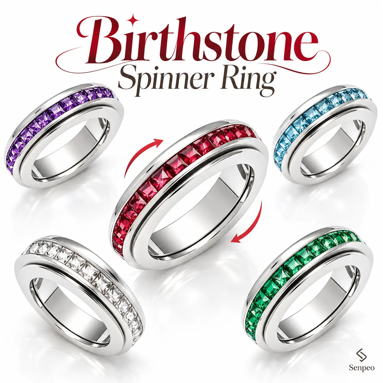 12 Birthstone Colors Spinner Ring, Rotating Fidget Ring, Colorful Stone Ring, Minimalist Fashion Ring, Birthday Gift, Anniversary Gift, Christmas Gift, Valentine’s Day Gift, Graduation Gift