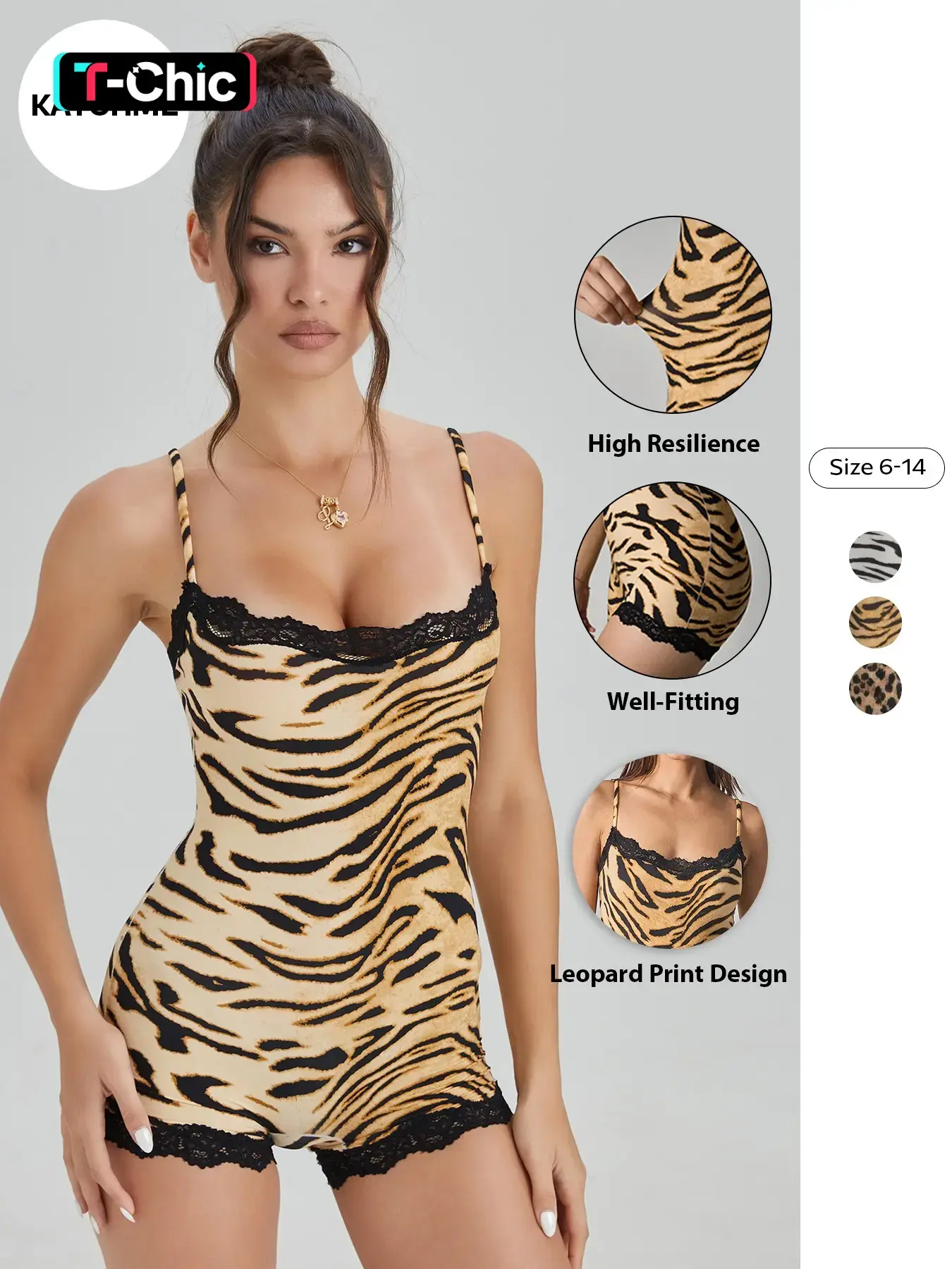 Women's Abstract Tiger Print Lace Trim Soft Jumpsuit, Simple Elastic Sleeveless Shaping Top, Sporty Outdoor Clothing, Stylish Activewear