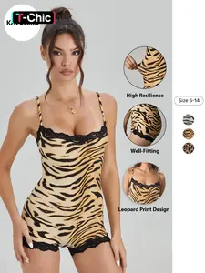 Women's Abstract Tiger Print Lace Trim Soft Jumpsuit, Simple Elastic Sleeveless Shaping Top, Sporty Outdoor Clothing, Stylish Activewear