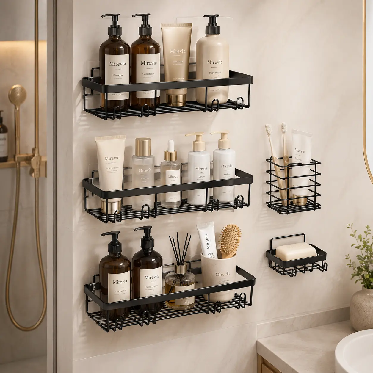 5-Pack Black Adhesive Shower Caddy, Rustproof Stainless Steel No-Drill Organizer with Toothbrush Holder, Soap Dish & Hooks for Dorms and Apartments