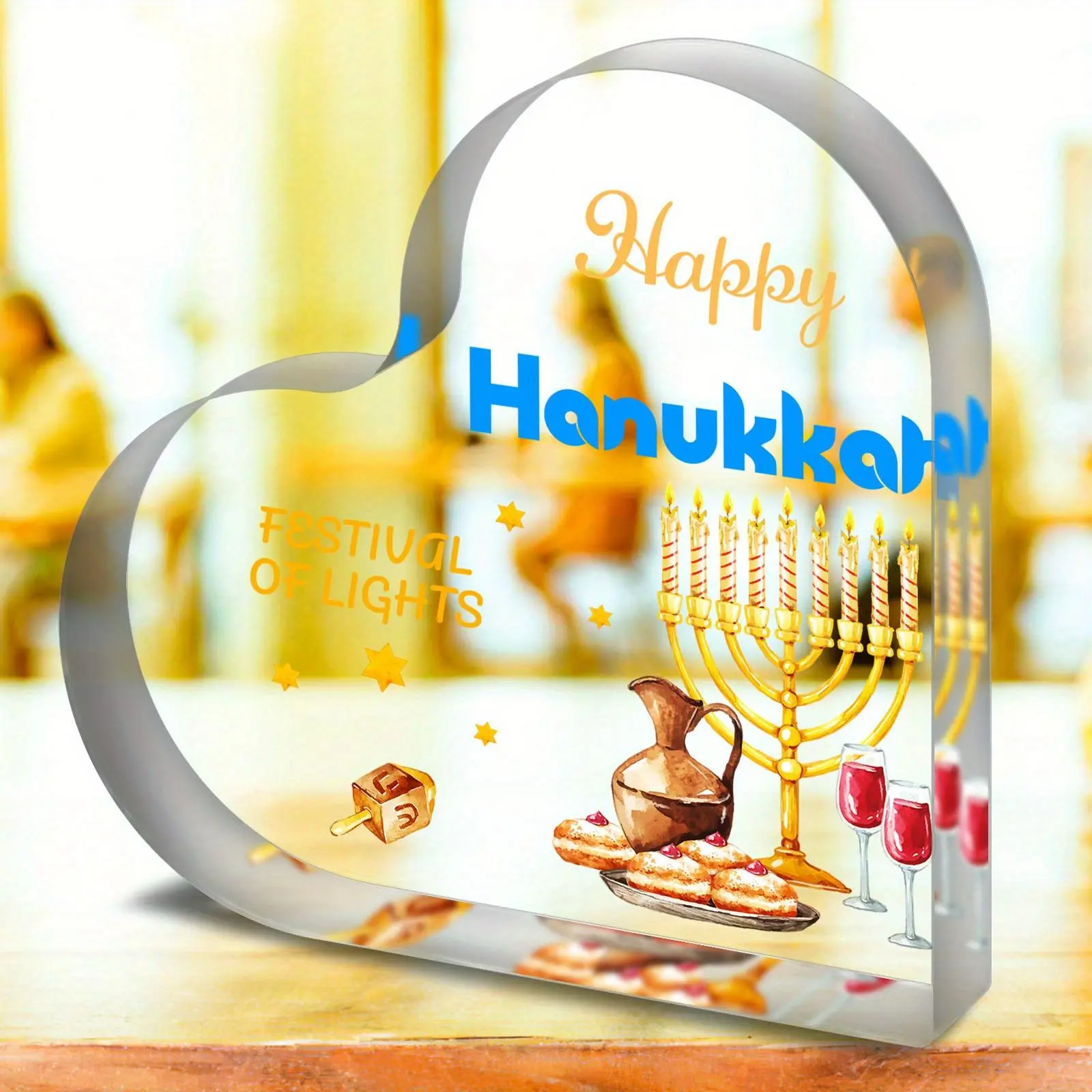 Happy Hanukkah Themed Acrylic Plaque, Heart Shaped Desktop Ornament, Party Table Centerpiece, Home Craft Decoration Gift
