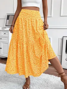 Women's Floral Elastic Waist Pleated Long Floor-Length Skirt, Stylish and Comfortable, Perfect for Casual and Formal Occasions