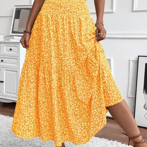 Women's Floral Elastic High Waist Pleated Long Floor-Length Skirt, Stylish and Comfortable, Perfect for Casual and Formal Occasions