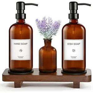 Kitchen Soap Dispenser Set with  Tray, 16oz  Glass Soap Dispensers with Stainless Steel Pumps, Hand and Dish Soap Dispenser Set for Kitchen, Soap and Lotion Dispenser Set for Bathroom