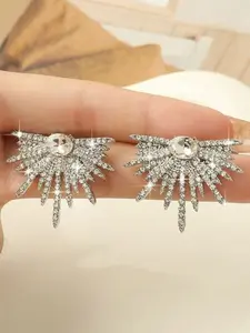 Rhinestone Sunburst Statement Earrings, Sparkling Crystal Burst Studs, Silver Color Radial Dangles, Glam Party & Wedding Jewelry for Women
