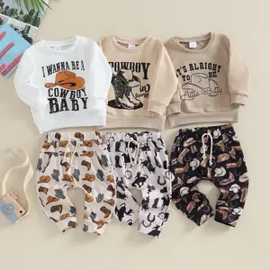 Toddler Baby Boy Western Clothes Cow Print Long Sleeve Pullover Sweatshirt Tops+Jogger Pants Fall Winter Outfits 2Pcs