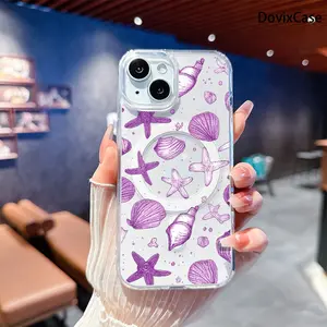 Phone Case - Seashells And Starfish with Ocean Vibes And Summer Feel Transparent Acrylic Magnetic HD Clear Shockproof Printed Phone Case for iPhone 17 E Air Pro ProMax iPhone16 15 14 Plus 13 12 Mini 11 X XS XR Series Full Models Great Gi