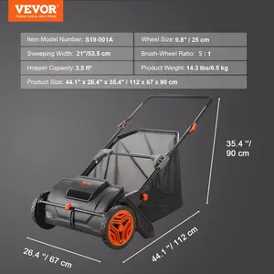 VEVOR Push Lawn Sweeper, 21inch Leaf Grass Collector, Strong Plastic Wheels Heavy Duty Thickened Steel Durable to Use with Large Capacity 3.5 cu. ft. Mesh Collection Hopper Bag, 2 Spinning Brushes