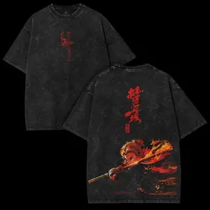 Rengoku x Demon Slayer Vintage Unisex Oversize Anime Manga Acid Washed Heavyweight Cotton Washed T-shirt & Washed Hoodie Graphic Tee Anime Merch Fan Outfits Men