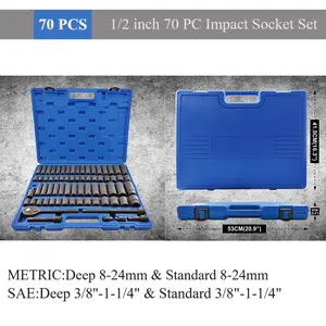 70-Piece 1/2 inch SAE and Metric Impact Socket Set, Professional Deep And Standard Impact Socket Set