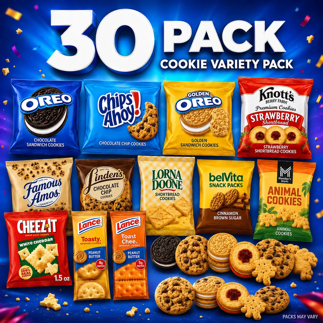 30 Pack Cookie Variety Pack - Oreo, Chips Ahoy, Golden Oreo, Knott's, Famous Amos, Lindt, Lorna Doone, belVita, Cheez-It, Lance