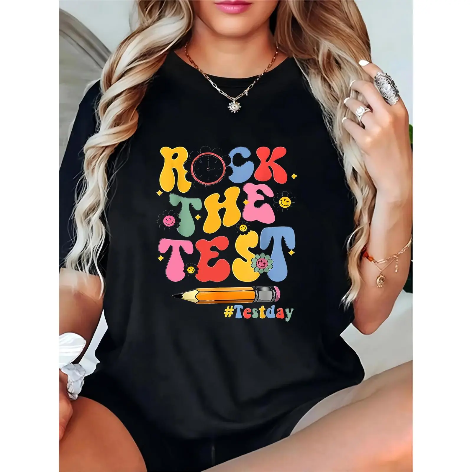 Women’s Black T-Shirt with Colorful “Rock the Test” Graphic (Clock, Smiley Faces, Pencil) & #Testday – Perfect for Test Day, School Events & Back to School