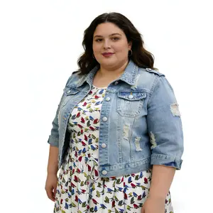 Renaishow Plus Size Women's 3/4 Sleeve Strech Distress Slim Crop Denim Jean Trucker Jacket