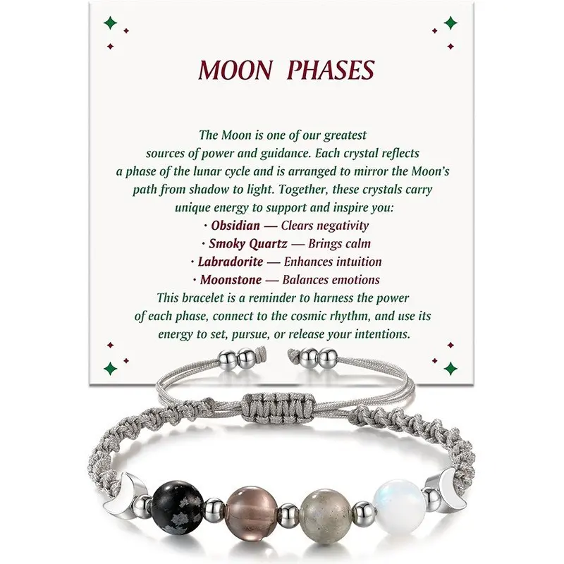 Women's Adjustable Band Lunar Phases Healing Crystal Bracelet - Natural Obsidian, Smoky Quartz, Labradorite, Moonstone Beads, Braided Anxiety Relief Meditation Gift, Natural Crystals
