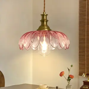 Boho Petal Glass Pendant Light，Vintage Flower Ambient Light for Bedroom Kitchen Island & Dining Room