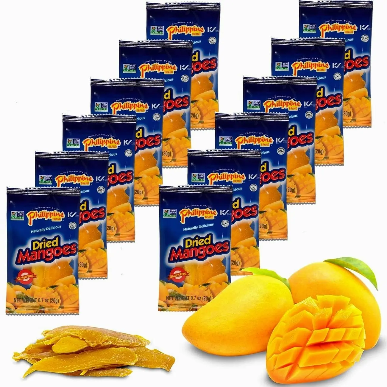 Philippine Brand Dried Mangoes Fruit Snacks- All Naturally Gluten Free, Vegan, Hand-Selected Delicious Fresh Mangos from Philippines, Grab and Go Perfect for Office & School Food (.7oz (12 pack))