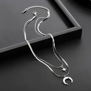 Titanium Steel Star and Crescent Moon Necklace - Durable White K Plated, No Mosaic, Fashionable Hip-Hop Jewelry for Men, Unique Personalized Accessories