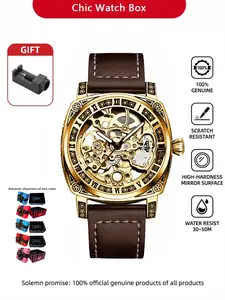 Vintage Mechanical Movement Watch, Hollow Out Design, Roman Numerals, Leather Strap, Waterproof, Ideal for Business & Daily Use, Men's Luxury Timepiece