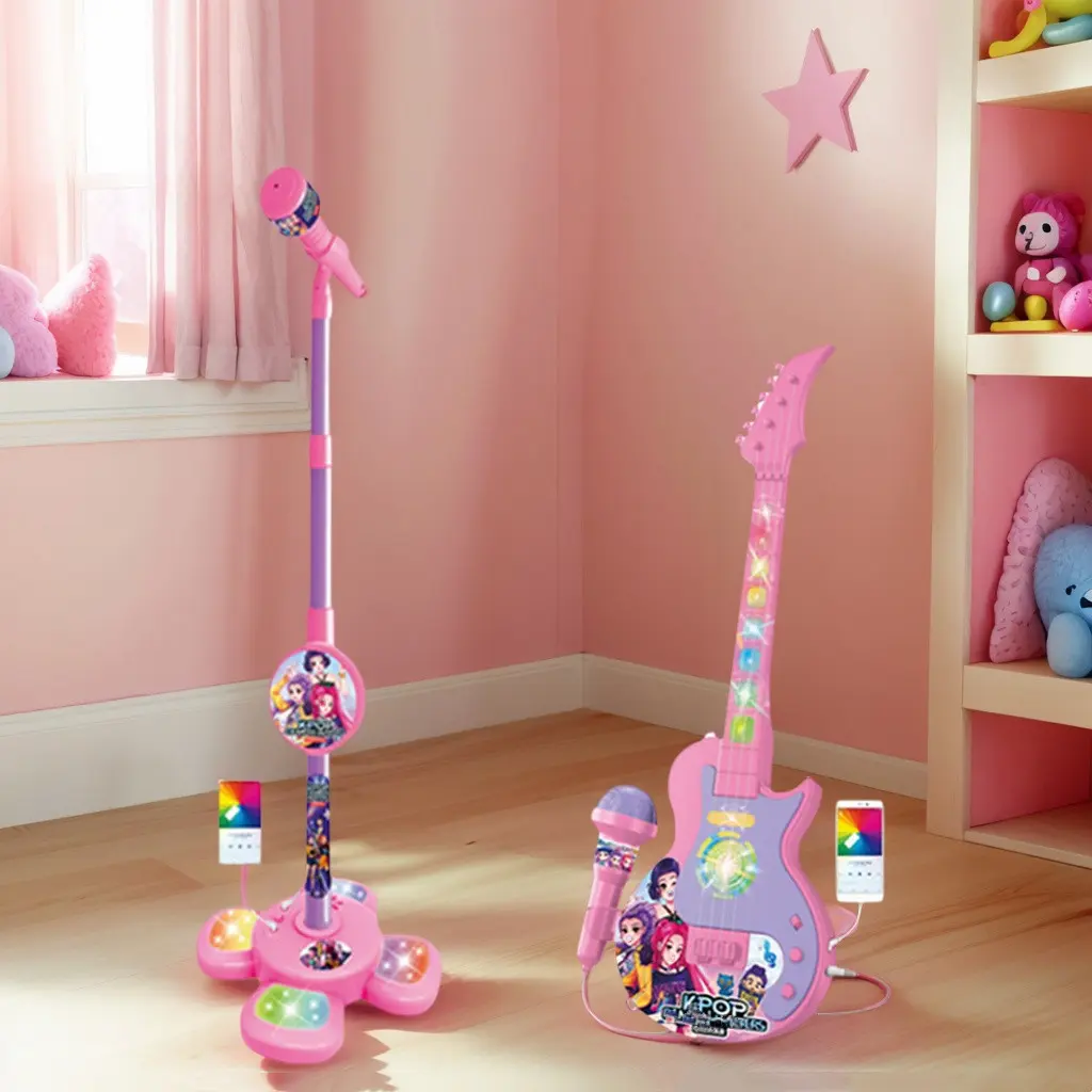 Kids Karaoke Microphone Toy with Super Colorful Lights, Guitar Toy, Role Play Music Enlightenment Educational Toy, Portable Music Singing Machine, Fans Gift, Perfect Birthday Gift for Girls