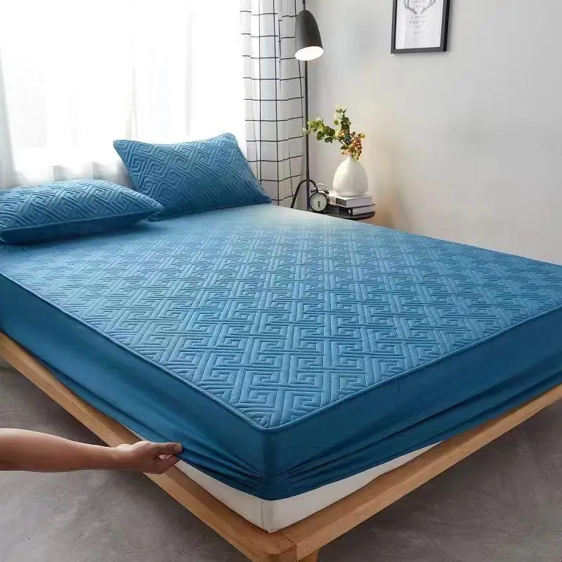 Bedroom Accessories, 3 Counts/set Geometric Pattern Bedspread & Pillowcase without Filler, Mattress Protector with Deep Pocket, Comfortable Bedding Se