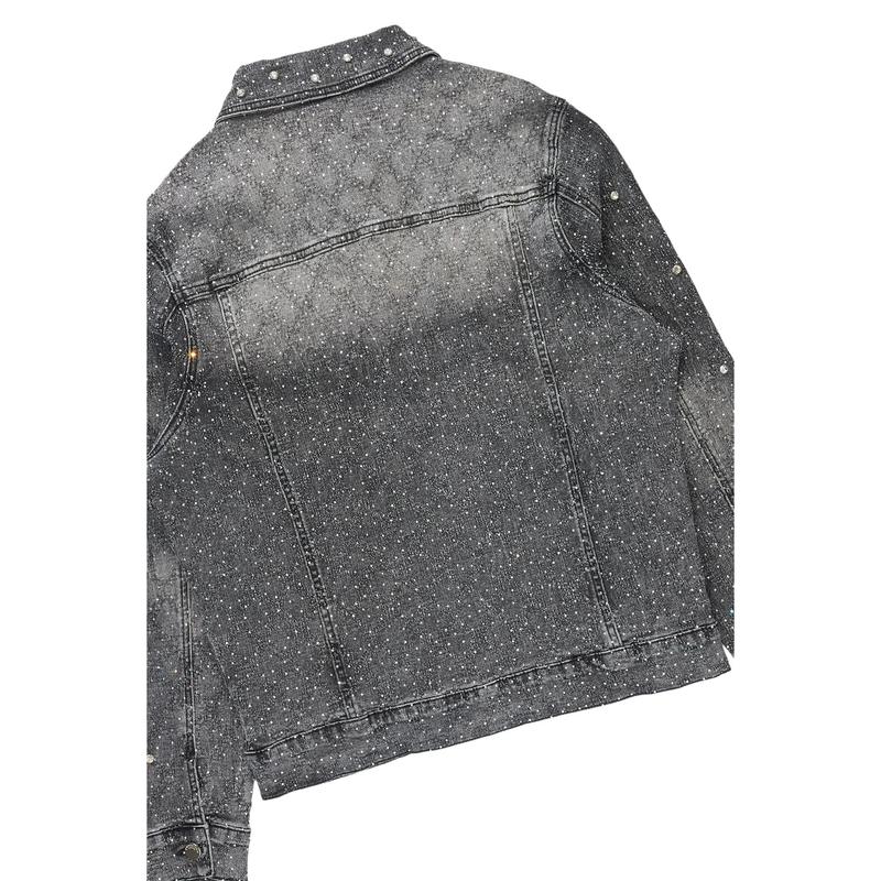 Glit Dark Grey Rhinestone Denim Jacket/Stacked Flare Jean Set