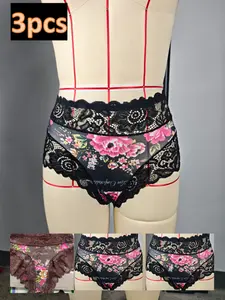 3-Pack Women's Lace Plus Size Underwear, Fashionable Lace Trim, Floral, Comfortable Breathable, Full Coverage, All Seasons, Daily Wear, Knicker Set