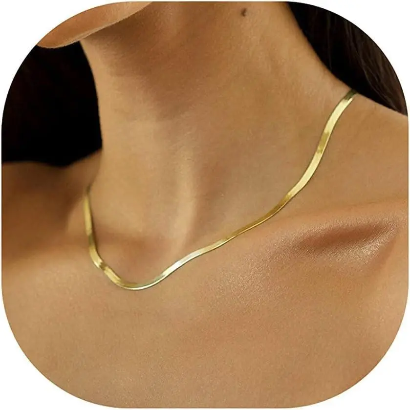 14K Gold Necklaces for Women, Dainty Gold Herringbone Choker Necklace for Women Thin Layered Chunky Snake Chain Necklaces Jewelry for Teen Gifts