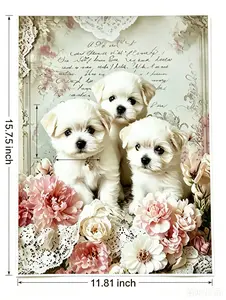 Vintage Puppy Canvas Wall Art, 11.81"x15.75" Pine Wood Framed 3-Dog Floral Decor, Waterproof 12-Color Ink Pet Family Collectible Art Drawing