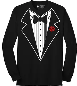 Men's Funny Tuxedo T-Shirt (Black, Long Sleeve, Bowtie & Rose) Casual Menswear