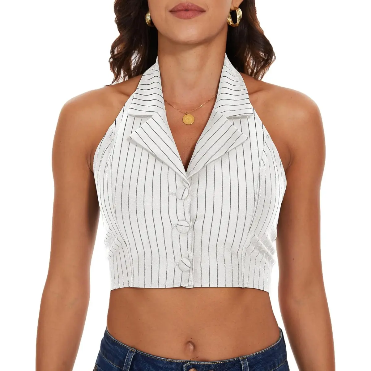 Women's Halter Vest Tops Pinstripe Crop Tank Top Backless Button Down Y2K Waistcoat Cropped Fabric Womenswear Girls
