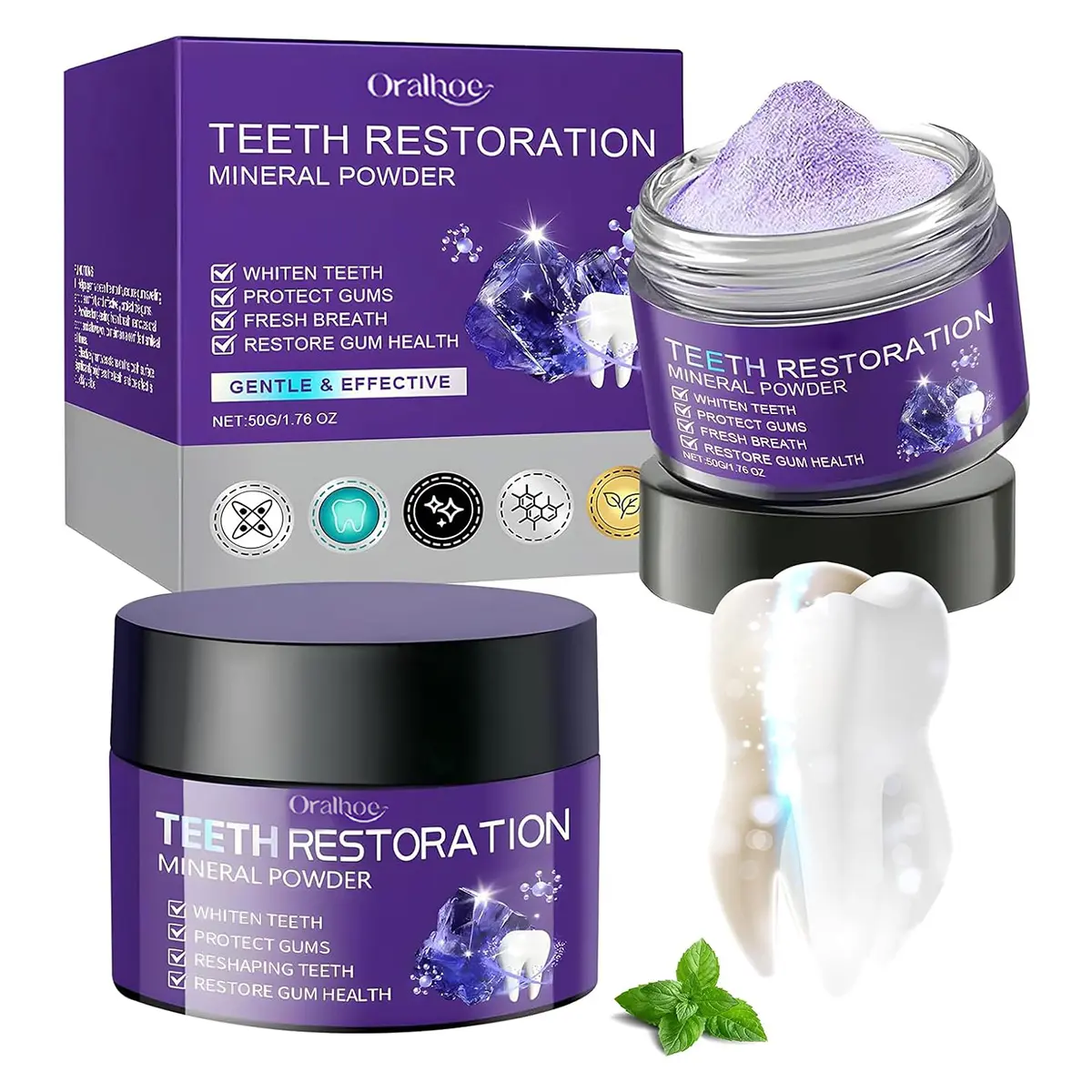 Purple Teeth Restoration Mineral Powder, Mineral Tooth Powder, Dental Restoration Mineral Effective in Strengthening Teeth and Gums for Daily Use 50g