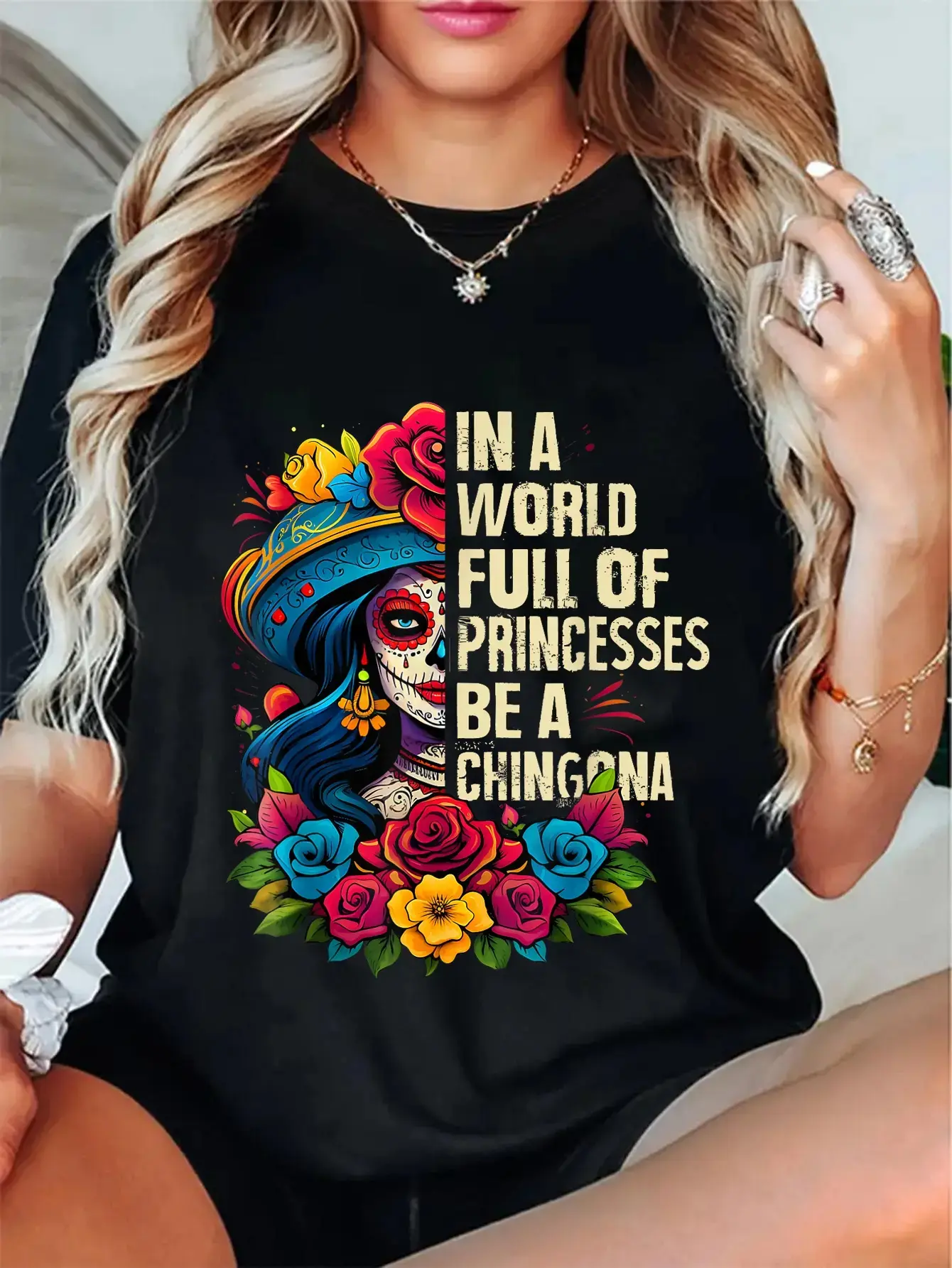 Women's Short-Sleeved Breathable Comfy Printed La Catrina Graphic T-Shirt, Vintage Day of the Dead Style Cotton Casual Round Neck Sports Top for Everyday Wear, Tee