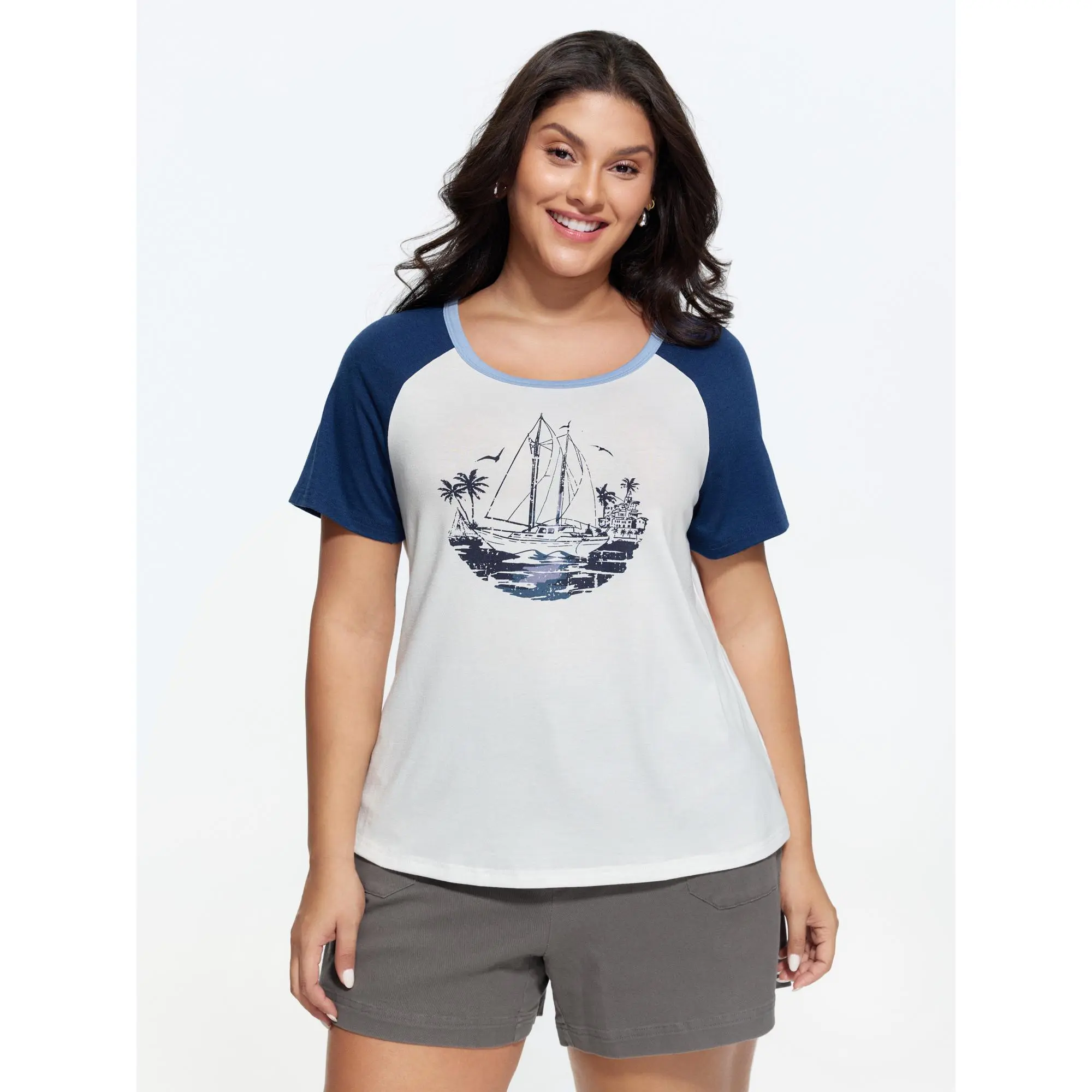 BLOOMCHIC Women's Plus Size Shortsleeve Spandex Fabric Casual Top - Yacht Print, Color Contrast, Flattering Fit, 2026 Spotlight, Summer Beach Wear [M-6X], Tshirt, Polyester Blend, Island Print, Regular Sleeve, Garment, Lady, Basic, Short Sleeves, Colorblo