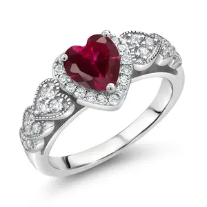 Gem Stone King Gemstone Birthstone and White Moissanite Halo Ring for Women | 925 Sterling Silver | 6MM Heart Shape | Wedding Anniversary Engagement Promise Ring