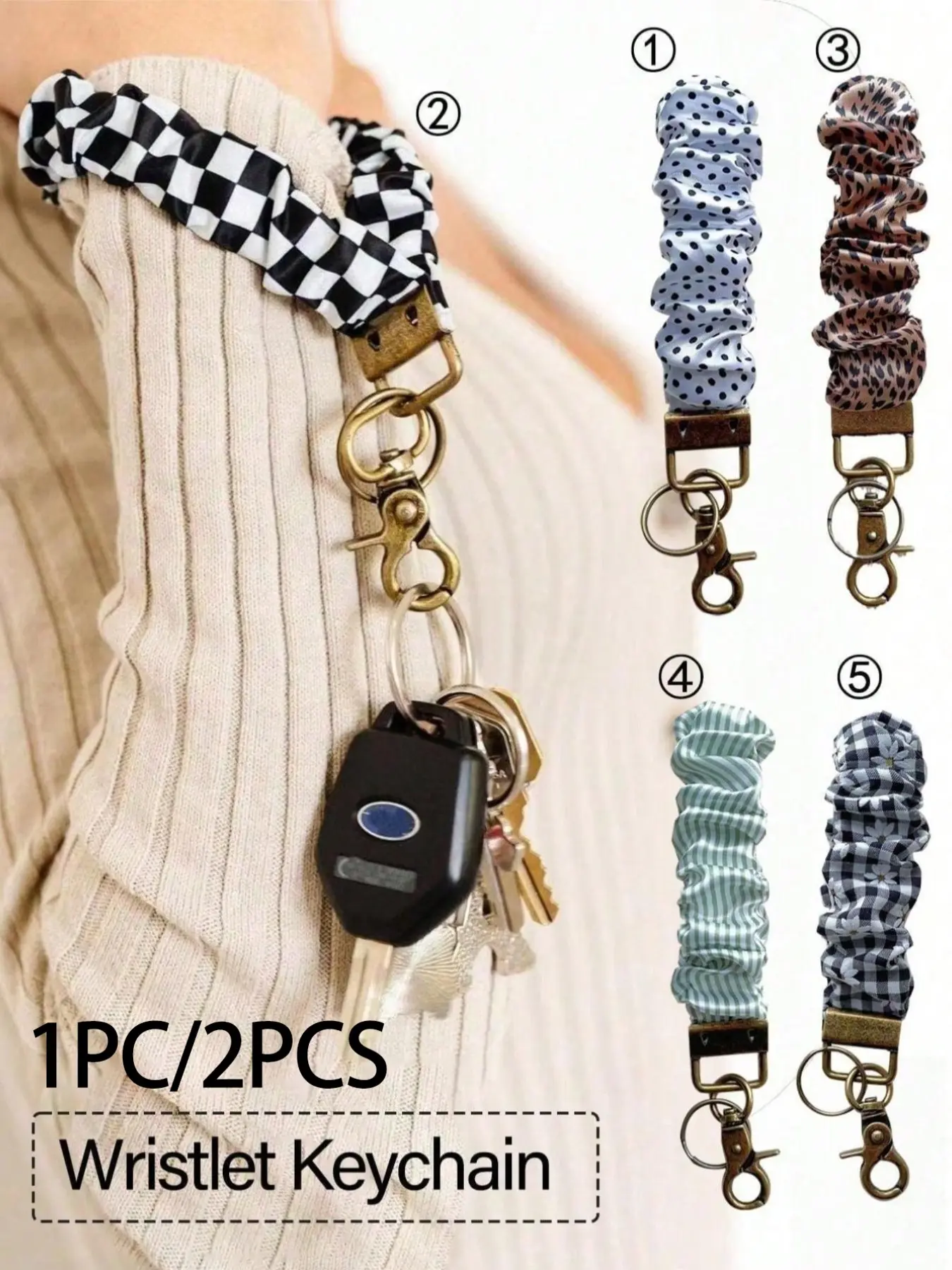 Women's Wrist Keychain Bracelet Holder Key Holders Keychain Wristlet Keyring with Clip, Elastic Band, Car Keys Accessory, Plaid Daisy Stripe Patterns, Stylish Keyring, Gift for Her