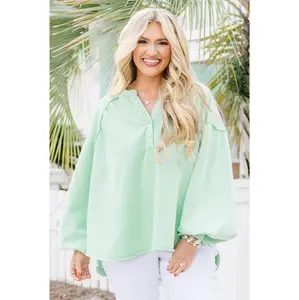 Crimson Sunset Pullover, Mint - Bright & Stylish Pullover With Raw Hemline, Exposed Seam Detail & Clasp Buttons