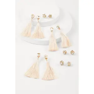 Rhinestone Tassel and Stud Earrings Set of 6
